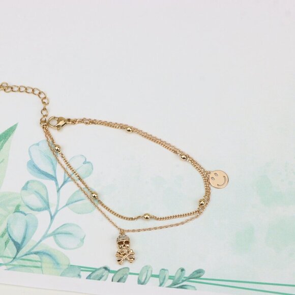 Rose Gold Double Layer Skull Bracelet with Crystal Accents, XPBL0674 - Picture 5 of 12